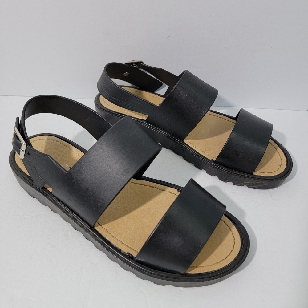 Bamboo Women Black Open Toe Slingback Casual Sandals Sz 39 Buckle Closure